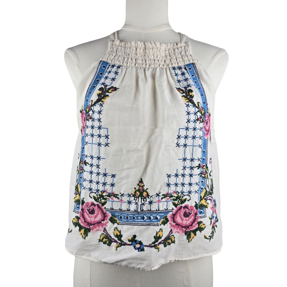 Free People Honey Pie Embroidered Tank Women Small Cream Top Cottagecore Boho